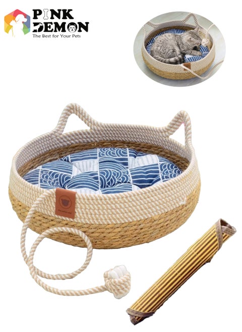 Handcrafted Straw Weaving Pet Bed with Replaceable Warmer Pad and Cool Mat