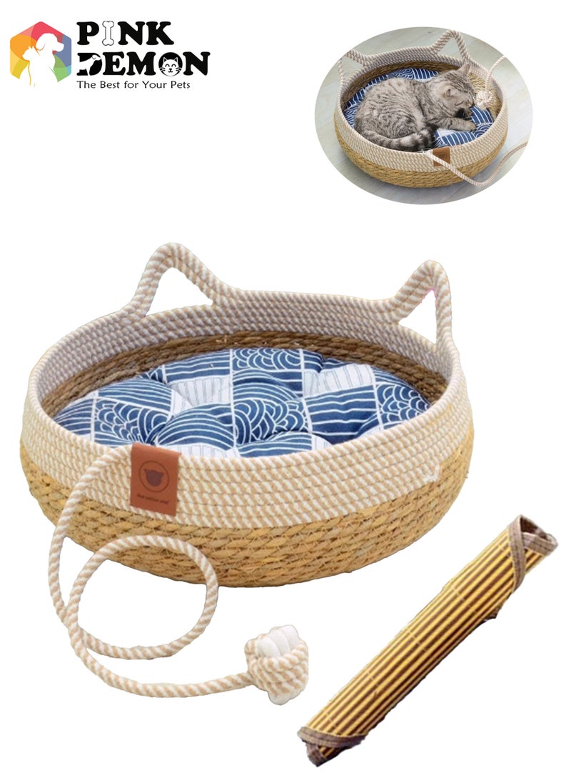 Pink Demon Handcrafted Straw Weaving Pet Bed with Replaceable Warmer Pad and Cool Mat  - Image 1