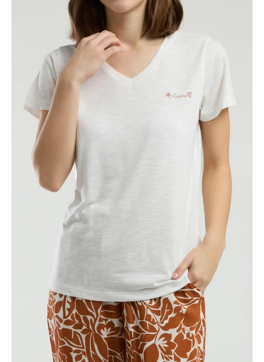 Arnetta Plain Top Cream Bottom Patterned Brown Summer Pajama Set, Dep Detail