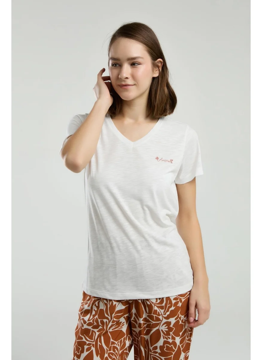 Arnetta Plain Top Cream Bottom Patterned Brown Summer Pajama Set, Dep Detail
