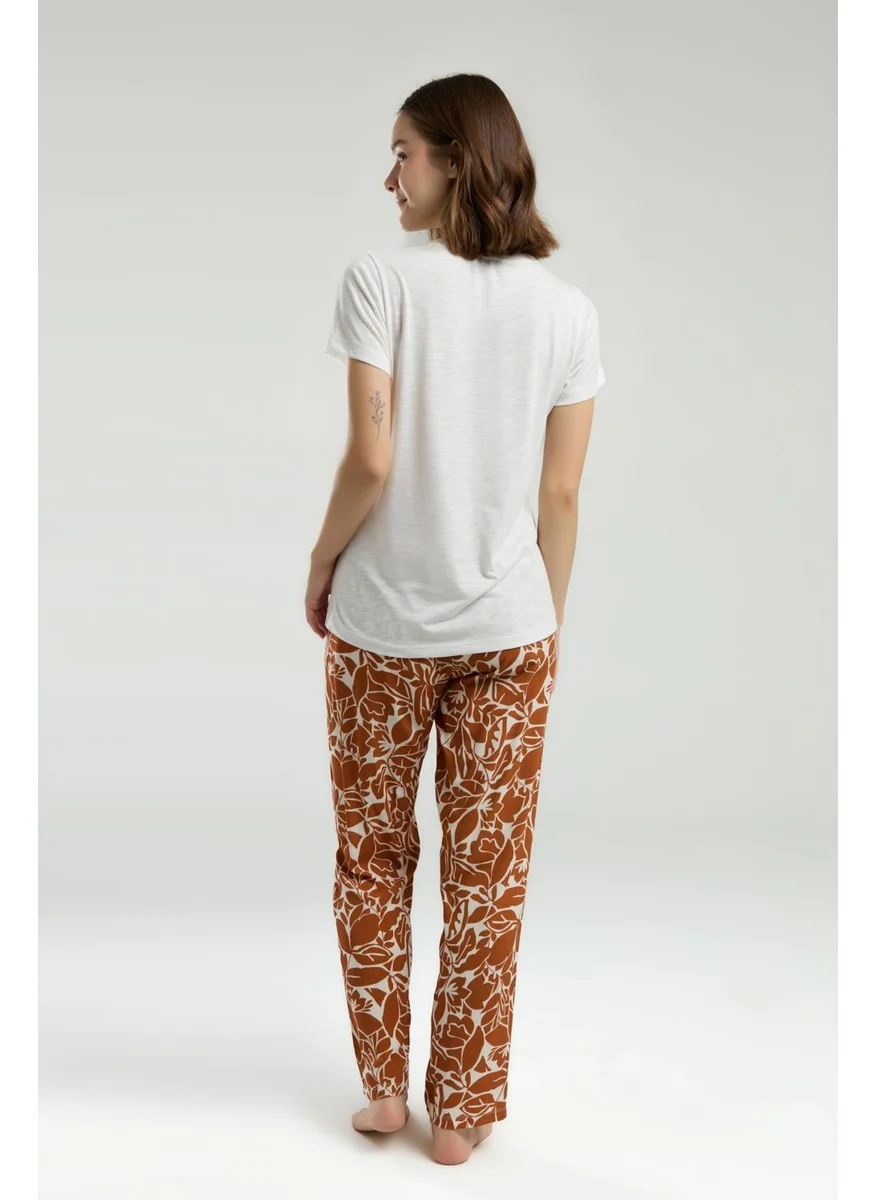 Arnetta Plain Top Cream Bottom Patterned Brown Summer Pajama Set, Dep Detail