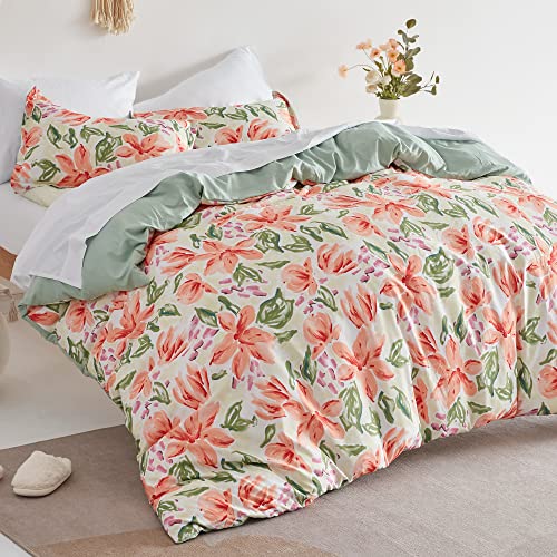 SLEEP ZONE Bedding Duvet Cover Sets Printed Floral 120gsm Ultra Soft Zipper Closure Corner Ties Peach BlossomFullQueen 90 X 90 inch 2 Pillow Shams