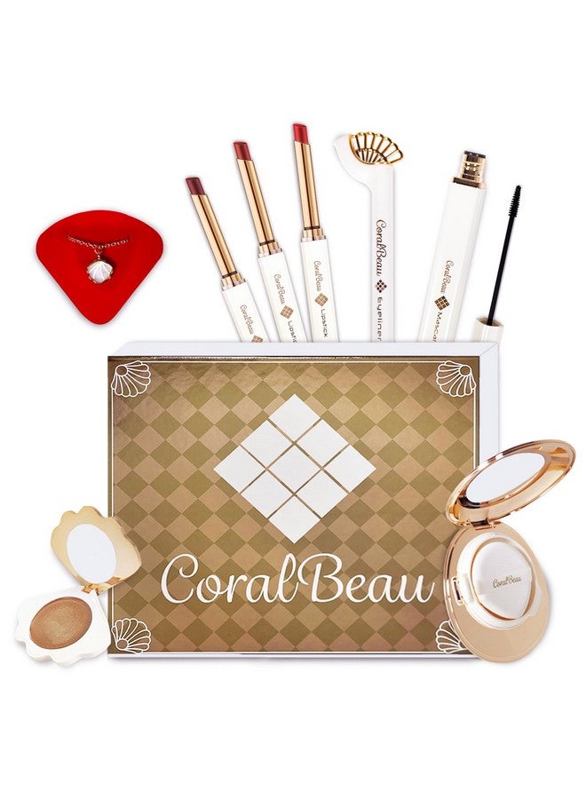 CoralBeau CoralBeau Makeup Kit for Teens - All in One Shell Makeup Kit with Compact BB Cream Powder, Eyeshadow Palette with Brown Shades, Eye Shadow Brush, Mascara, 3 Lipsticks, Necklace - Make Up Gift Set Box  - Image 1