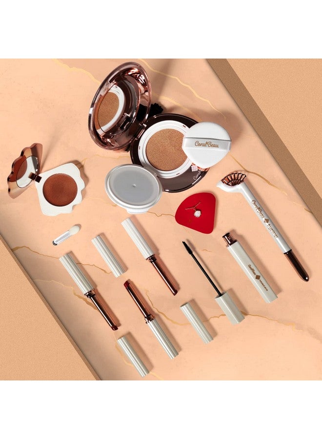 CoralBeau CoralBeau Makeup Kit for Teens - All in One Shell Makeup Kit with Compact BB Cream Powder, Eyeshadow Palette with Brown Shades, Eye Shadow Brush, Mascara, 3 Lipsticks, Necklace - Make Up Gift Set Box  - Image 2