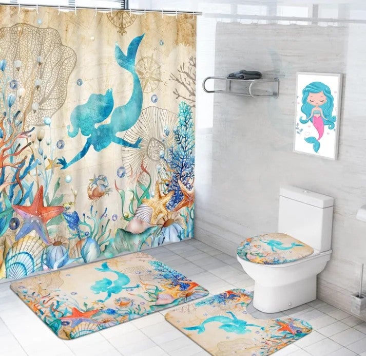 Bluejw Design 3D Printing Cute Ocean Mermaid Bathroom Children Shower Curtain 4 Pieces Set with Hooks Anti-slip Carpet - Image 1