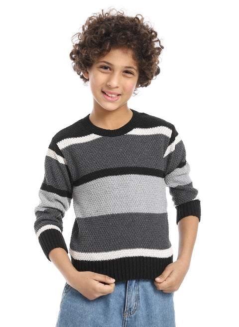 Striped Crew Neck Boys Pullover_Grey , black & Beige