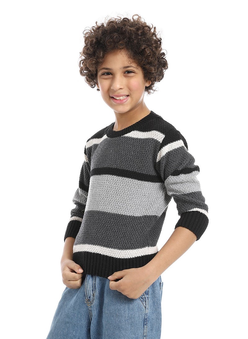 Andora Striped Crew Neck Boys Pullover_Grey , black & Beige - Image 2