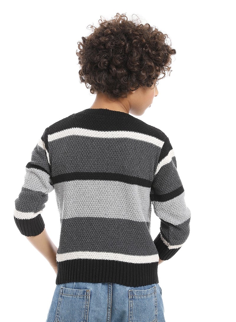 Andora Striped Crew Neck Boys Pullover_Grey , black & Beige - Image 3
