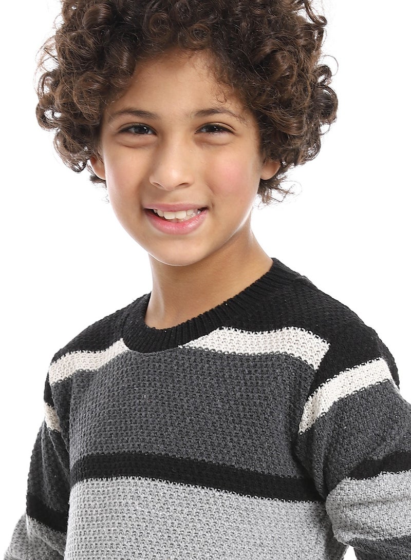 Andora Striped Crew Neck Boys Pullover_Grey , black & Beige - Image 4