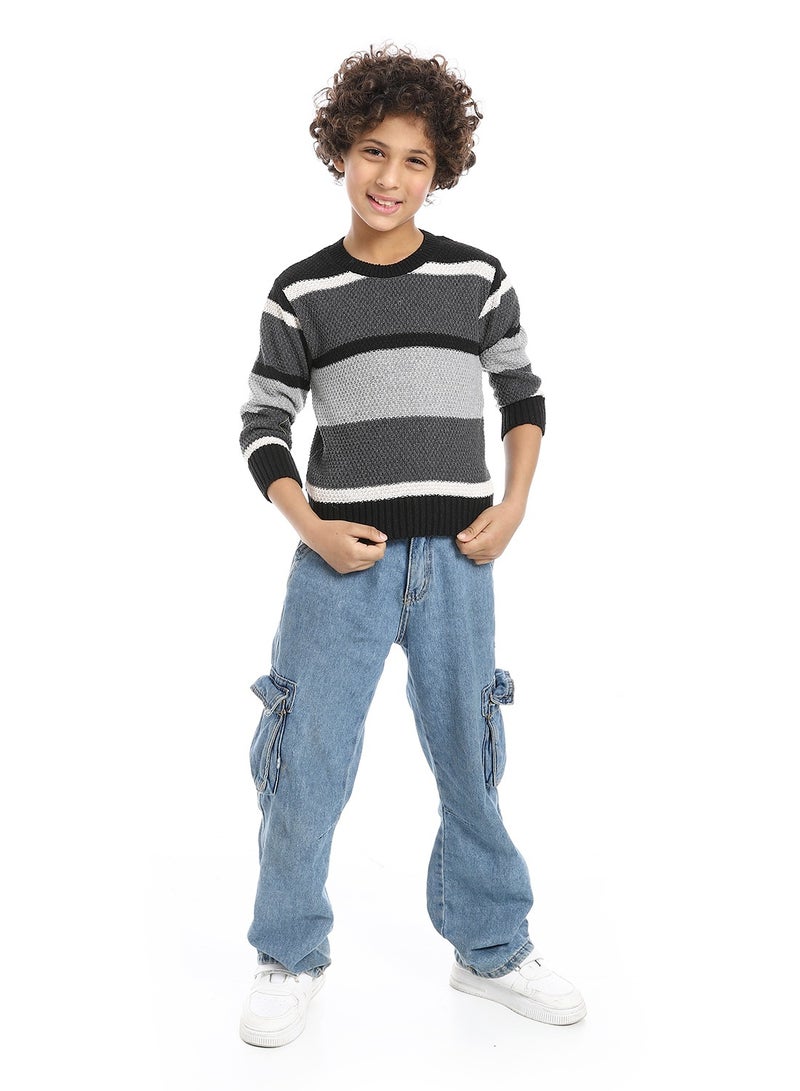 Andora Striped Crew Neck Boys Pullover_Grey , black & Beige - Image 5