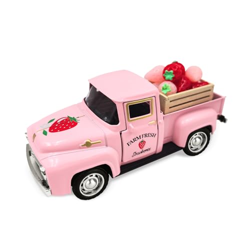 Teeloray Strawberry Decor 5 Inch Vintage Truck with Mini Fake Strawberries and Wooden Crate Farmhouse Tiered Tray Decor Berry Sweet Summer Kitchen Centerpieces for Tables Strawberry Shortcake Decorations - Image 1