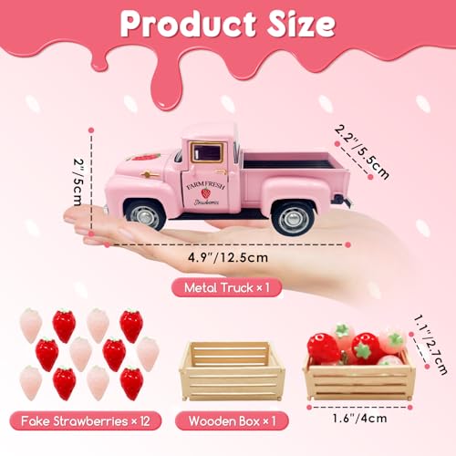 Teeloray Strawberry Decor 5 Inch Vintage Truck with Mini Fake Strawberries and Wooden Crate Farmhouse Tiered Tray Decor Berry Sweet Summer Kitchen Centerpieces for Tables Strawberry Shortcake Decorations - Image 2