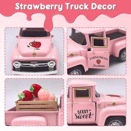 Teeloray Strawberry Decor 5 Inch Vintage Truck with Mini Fake Strawberries and Wooden Crate Farmhouse Tiered Tray Decor Berry Sweet Summer Kitchen Centerpieces for Tables Strawberry Shortcake Decorations - Image 4