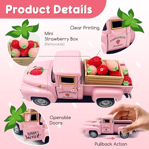 Teeloray Strawberry Decor 5 Inch Vintage Truck with Mini Fake Strawberries and Wooden Crate Farmhouse Tiered Tray Decor Berry Sweet Summer Kitchen Centerpieces for Tables Strawberry Shortcake Decorations - Image 3