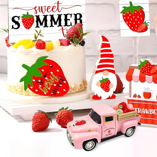 Teeloray Strawberry Decor 5 Inch Vintage Truck with Mini Fake Strawberries and Wooden Crate Farmhouse Tiered Tray Decor Berry Sweet Summer Kitchen Centerpieces for Tables Strawberry Shortcake Decorations - Image 5