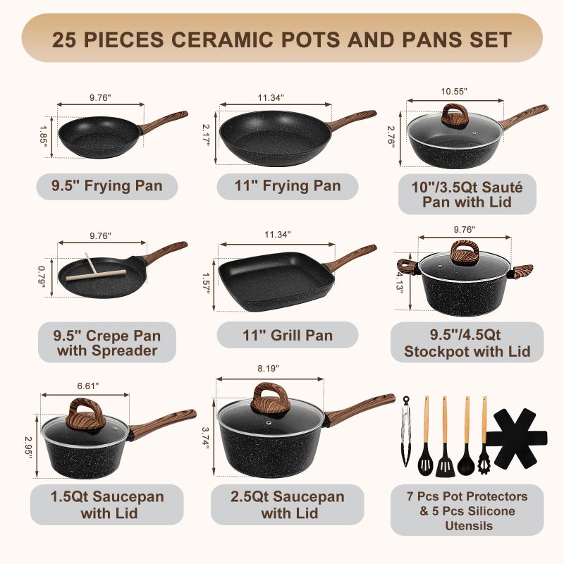 EWFEN Nonstick Pots and Pans Set, 25-Piece Ceramic Cookware Set, Induction Kitchen Cooking Set with Frying Pans Saucepans & Utensils, Healthy Non-toxic, PFAS/PTFE/PFOA Free, Black - Image 2