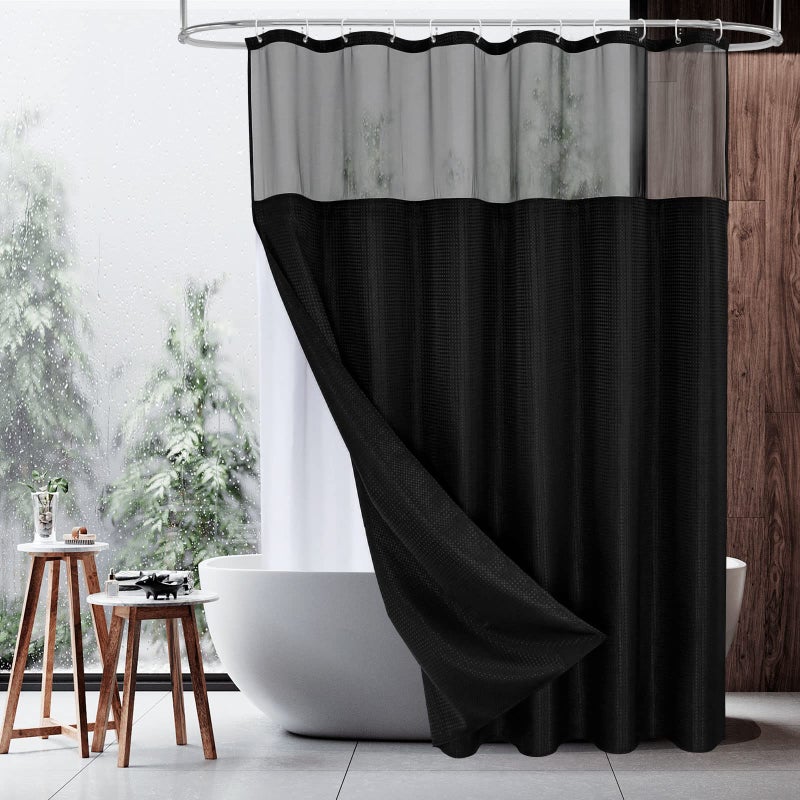 MitoVilla Black Waffle Shower Curtain Set with Snap-in Liner  Modern Waffle Weave Fabric Shower Curtain  Luxury Heavyweight Cloth Shower Curtain for Neutral Hotel & Spa Bathroom Decor  72 x 72