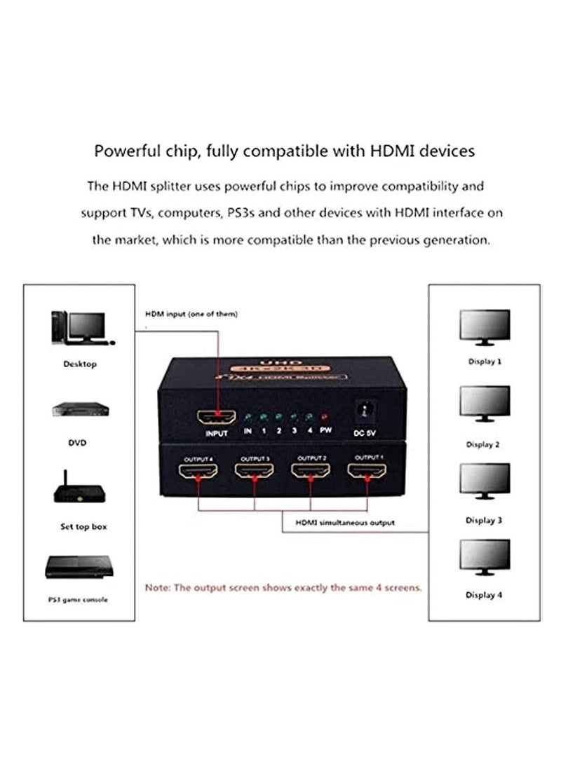 OIMG - مقسم فيديو Hdmi 4K 1 في 4 خارج V1 4B يعمل بالطاقة مع محول تيار متردد يدعم دقة Hdcp Ultra Hd 1080P 2K و3D - Image 1