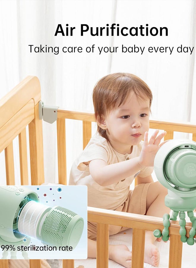 JISULIFE مروحة عربة الأطفال المحمولة، مروحة صغيرة تعمل بالبطارية، مروحة مقعد السيارة بخمسة سرعات، تقنية تنقية الهواء وتعزيزه، بدون شفرات، مروحة هدايا من الدرجة الغذائية للاستخدام الخارجي، جهاز المشي، 4000 مللي أمبير جولف - أخضر - Image 2