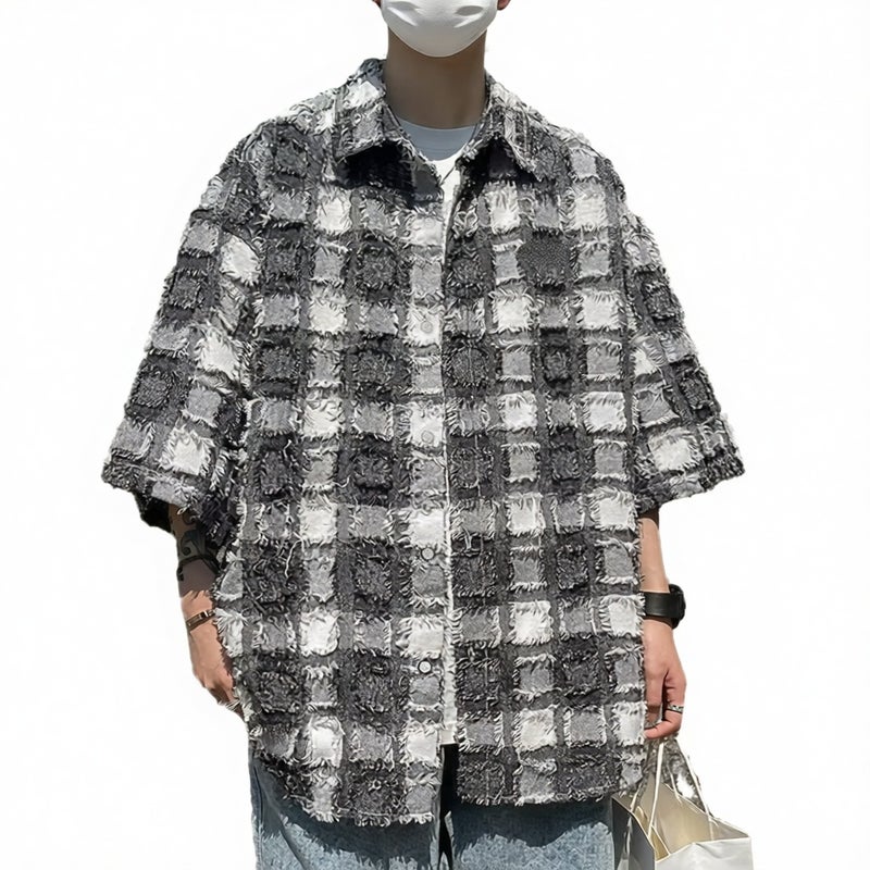 Retro Short Sleeve Shirt Men Summer Loose Fit Casual Plaid Half Sleeve Top - Image 3