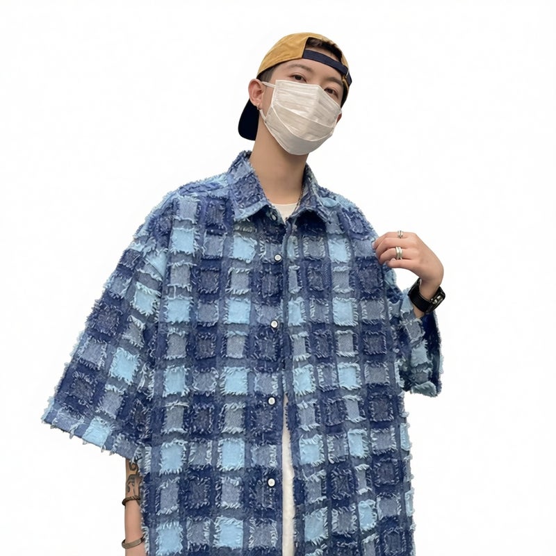 Retro Short Sleeve Shirt Men Summer Loose Fit Casual Plaid Half Sleeve Top - Image 2