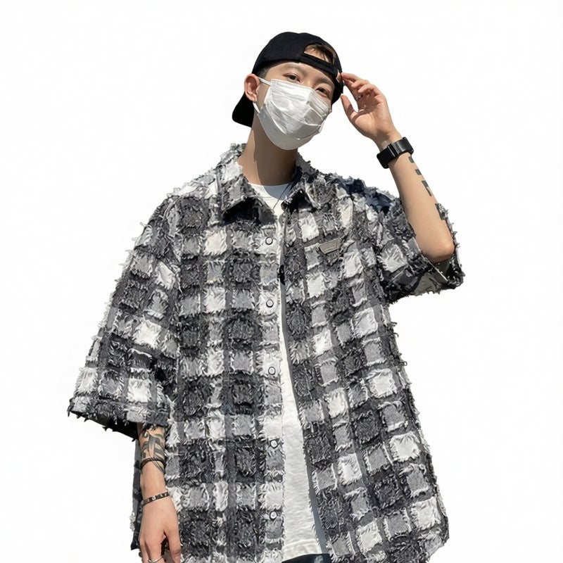 Retro Short Sleeve Shirt Men Summer Loose Fit Casual Plaid Half Sleeve Top - Image 1