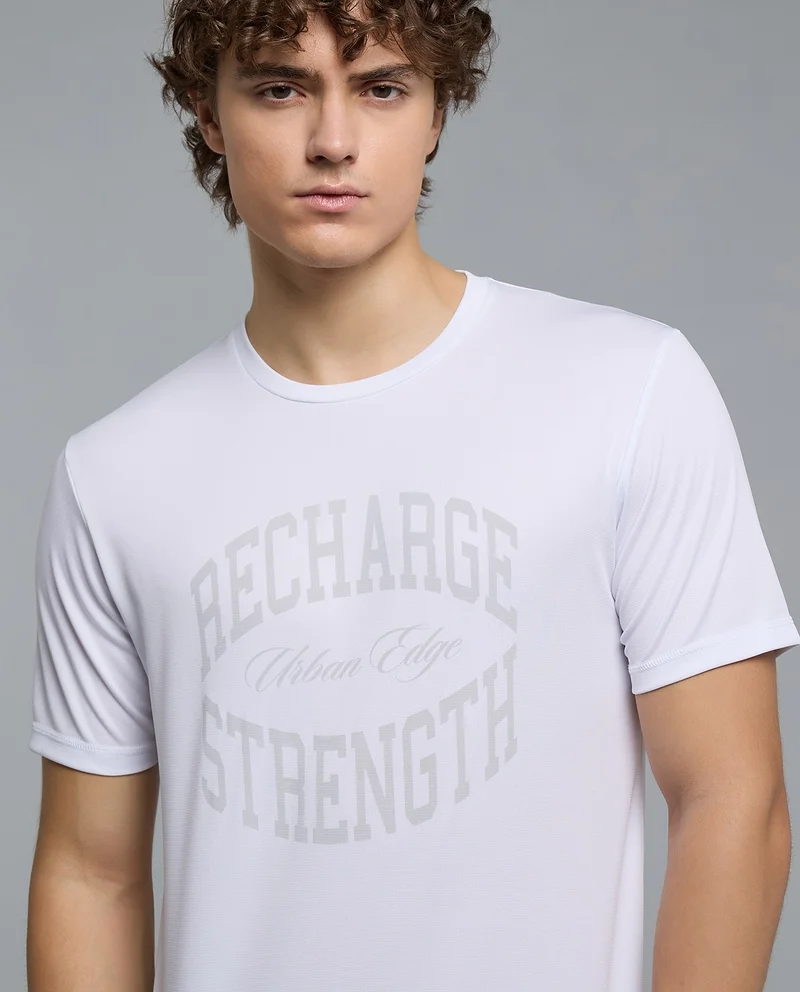 أر أند بي Typography Print Active T-Shirt with Crew Neck and Short Sleeves