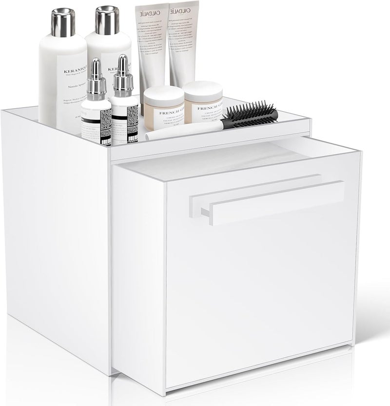 TAINESS Disposable Face Towel Storage Box Compatible with Clean Skin Club Clean Towel XL Acrylic Facial Towels Holder with Drawer Wall-Mounted Makeup Organizer for Vanity, Bathroom (White) - Image 1