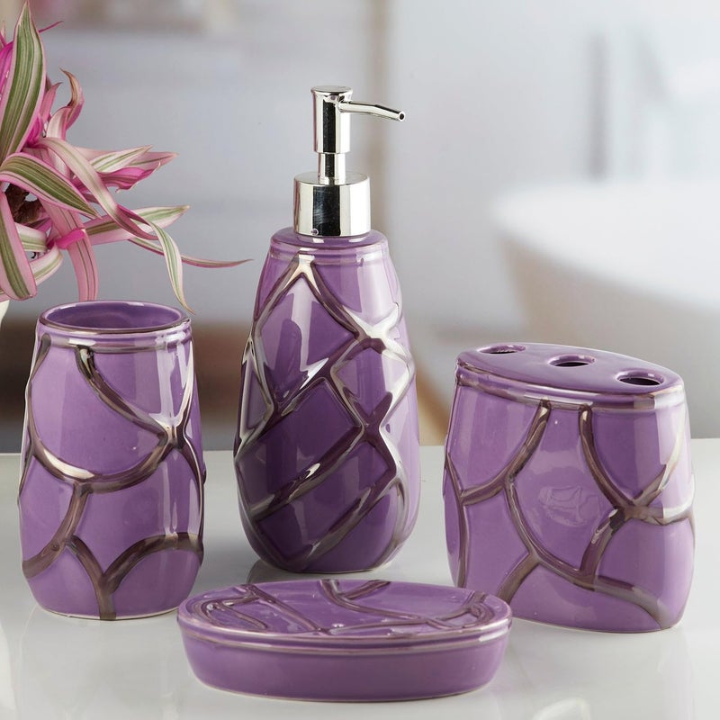 Kookee Ceramic Bathroom Set Stylish 4 Piece Bath Accessories Kit with Soap Dispenser Toothbrush Holder Tumbler Soap Dish Modern Designer Decor for Home Guest Bathrooms Purple 10259 - Image 4