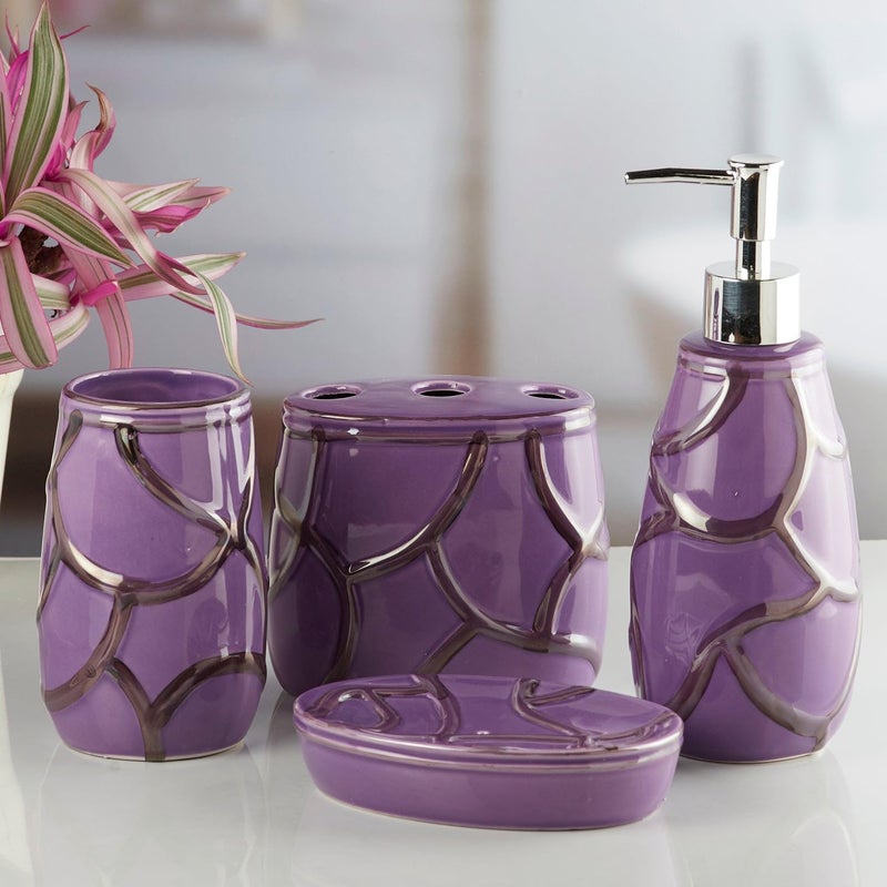 Kookee Ceramic Bathroom Set Stylish 4 Piece Bath Accessories Kit with Soap Dispenser Toothbrush Holder Tumbler Soap Dish Modern Designer Decor for Home Guest Bathrooms Purple 10259 - Image 2