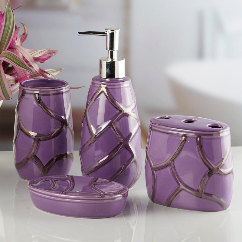 Kookee Ceramic Bathroom Set Stylish 4 Piece Bath Accessories Kit with Soap Dispenser Toothbrush Holder Tumbler Soap Dish Modern Designer Decor for Home Guest Bathrooms Purple 10259 - Image 1