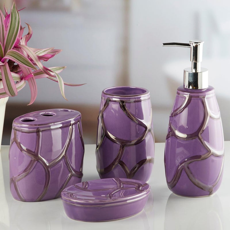 Kookee Ceramic Bathroom Set Stylish 4 Piece Bath Accessories Kit with Soap Dispenser Toothbrush Holder Tumbler Soap Dish Modern Designer Decor for Home Guest Bathrooms Purple 10259 - Image 3
