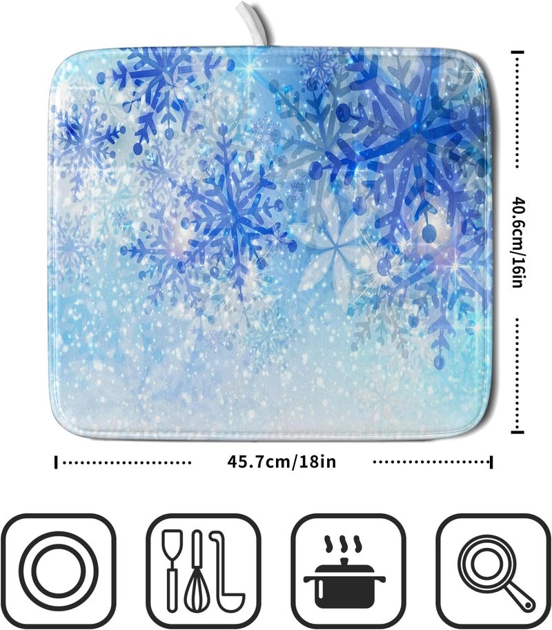 Giwawa 16"x18" Winter Blue Snowflakes Dish Drying Mat Christmas Snow Falling Nature Ice Dish Drainer Mats for Kitchen Microfiber Reversible Dish Drying Rack Pad for Countertop Tabletop Decor - Image 2