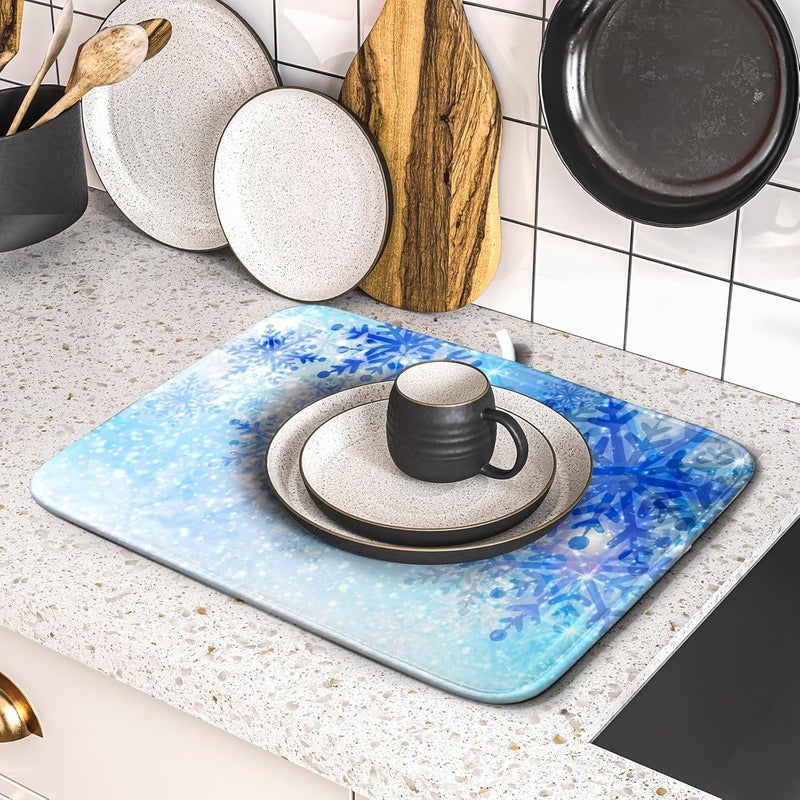 Giwawa 16"x18" Winter Blue Snowflakes Dish Drying Mat Christmas Snow Falling Nature Ice Dish Drainer Mats for Kitchen Microfiber Reversible Dish Drying Rack Pad for Countertop Tabletop Decor - Image 5
