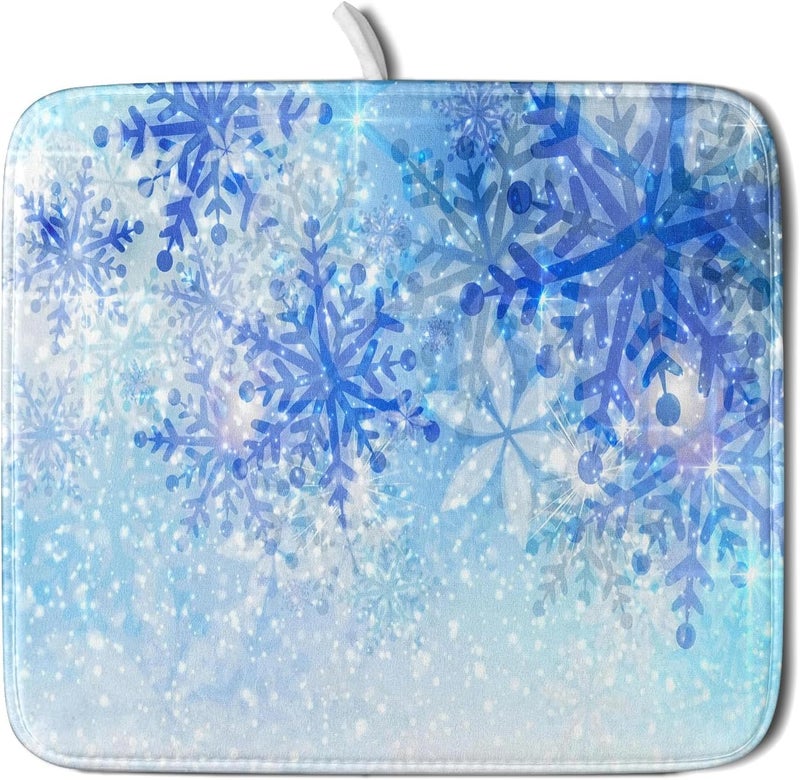 Giwawa 16"x18" Winter Blue Snowflakes Dish Drying Mat Christmas Snow Falling Nature Ice Dish Drainer Mats for Kitchen Microfiber Reversible Dish Drying Rack Pad for Countertop Tabletop Decor - Image 1