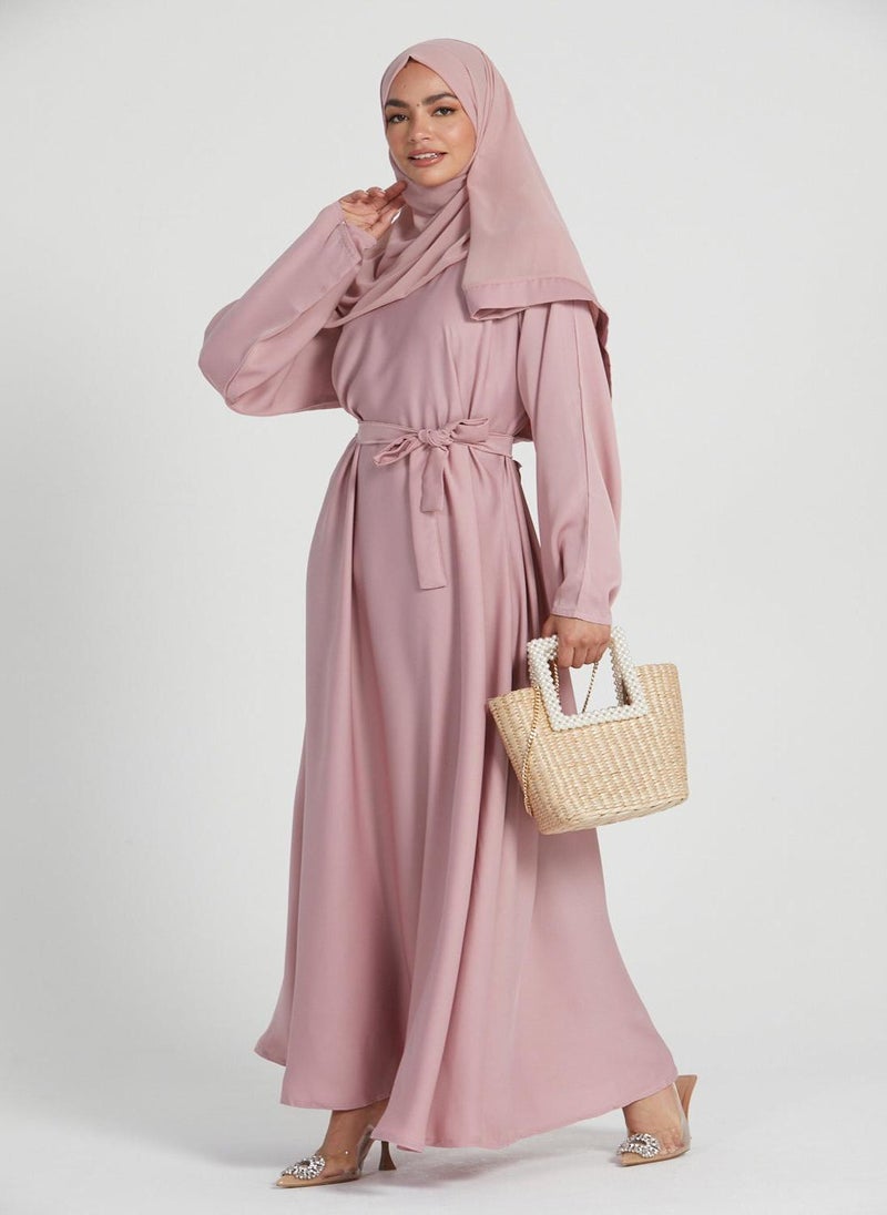 NUKHBAA Elegant Rose plain abaya wityh belt and Hijab-AB95  - Image 1