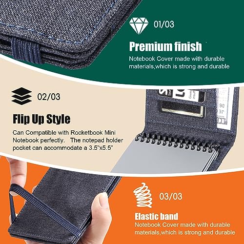 Plinyvel Notebook Cover for Rocketbook Mini & Field Notes Top Spiral (3.5"x5.5") - Durable Waterproof Case with Pen Holder & Card Slot, Power User Productivity Kit (Blue) - Image 5