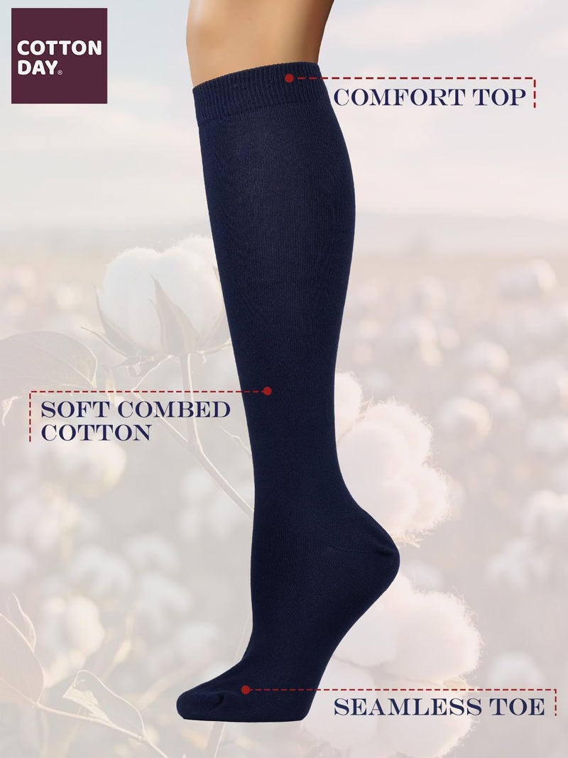 COTTON DAY Women's Soft Combed Cotton Knee High Long Calf Dress Socks Seamless Toe Shoe Size 9-11 Navy - Image 3