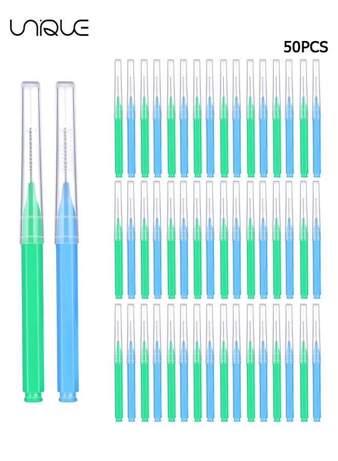 يونيك فرشاة فجوة الأسنان - 50 قطعة فرشاة تنظيف تقويم الأسنان - نظافة الفم - فرشاة ملونة بين الأسنان - أدوات التنظيف (أزرق / أخضر) - Image 1