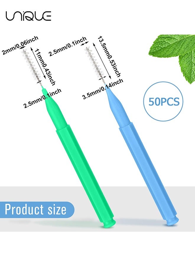 يونيك فرشاة فجوة الأسنان - 50 قطعة فرشاة تنظيف تقويم الأسنان - نظافة الفم - فرشاة ملونة بين الأسنان - أدوات التنظيف (أزرق / أخضر) - Image 2