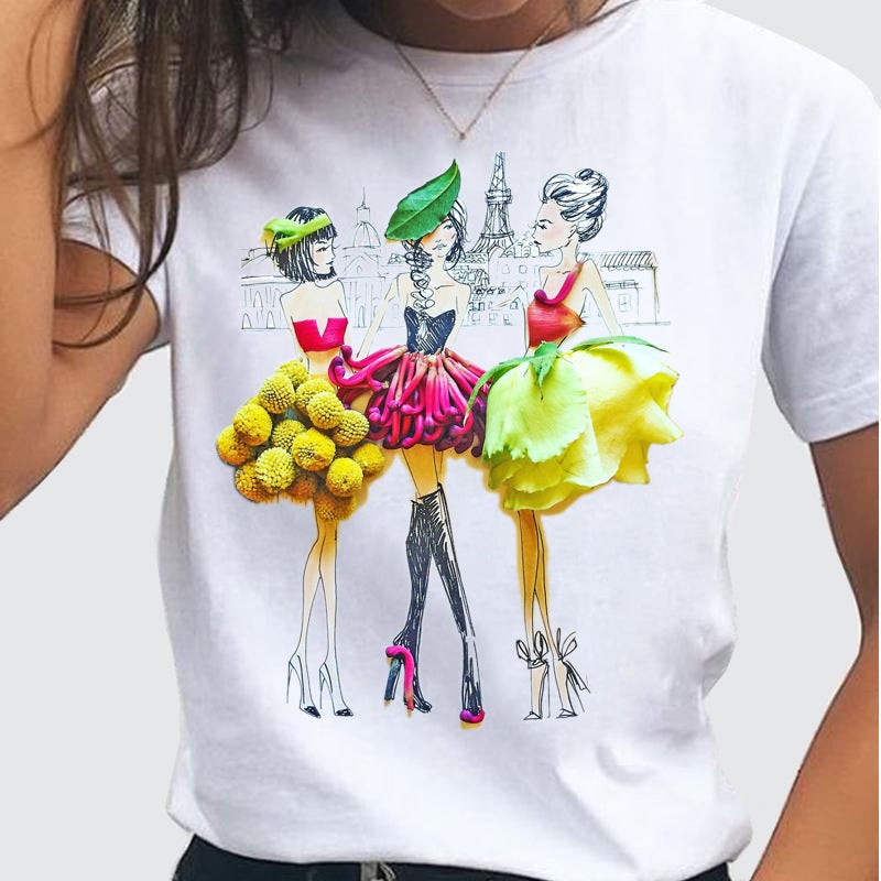 Flowers Best Friend Model Shrimp Round Neck Printed White T-Shirt Short Sleeve Women'S Wear - Image 1