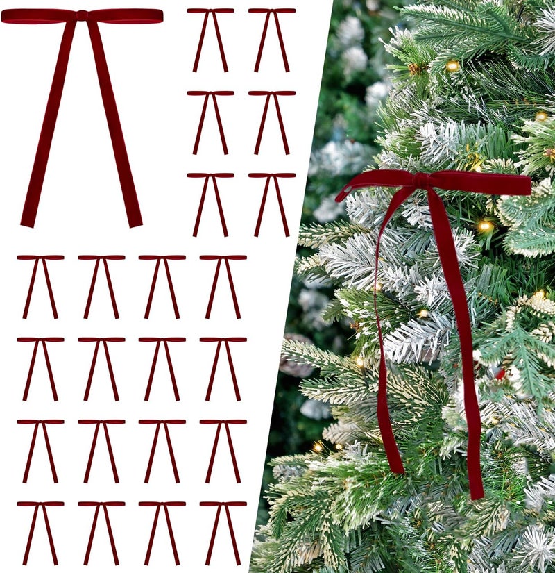 EMPOF Store 24 Pcs Burgundy/Wine Dark Red Velvet Bows Ornaments for Christmas Tree, Vintage Velvet Christmas Bows Tree Decorations, Indoor Home Decor for Wreath Mantle Gift Wrap Holiday Decor, 3/8'' W, 5 * 7 inch - Image 1