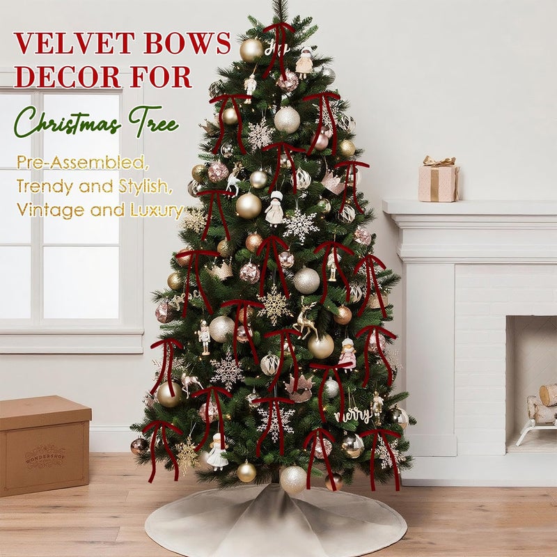 EMPOF Store 24 Pcs Burgundy/Wine Dark Red Velvet Bows Ornaments for Christmas Tree, Vintage Velvet Christmas Bows Tree Decorations, Indoor Home Decor for Wreath Mantle Gift Wrap Holiday Decor, 3/8'' W, 5 * 7 inch - Image 3