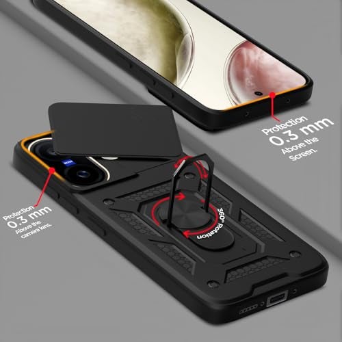 Pikkme غطاء خلفي Pikkme لهاتف Vivo X200 Fe 5G | D10 Tough Armor | غطاء حماية 360 درجة | غطاء كاميرا منزلق مع حامل حلقي وقاعدة دعم (أسود) - Image 4