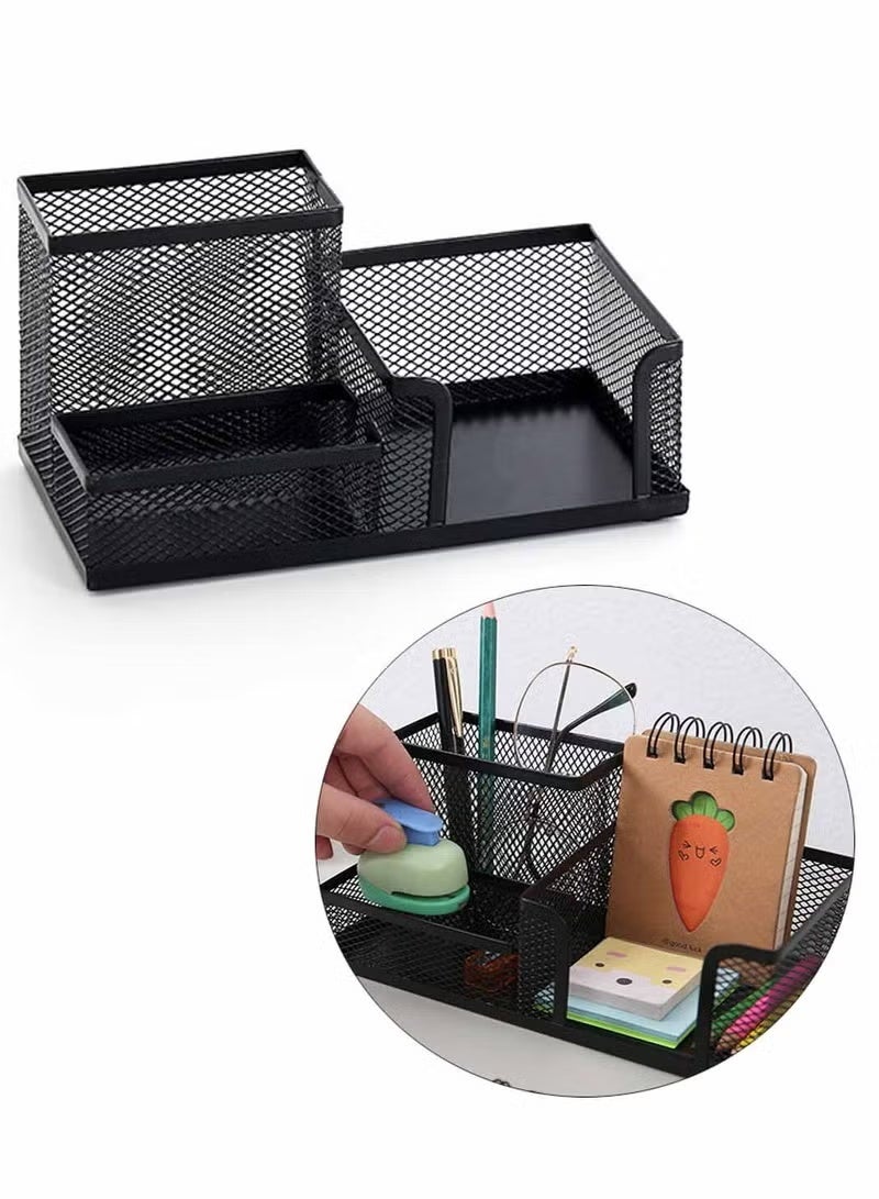 3 Compartment Desk Organizer Mesh Desktop Pen Storage Holders, Black - Image 1