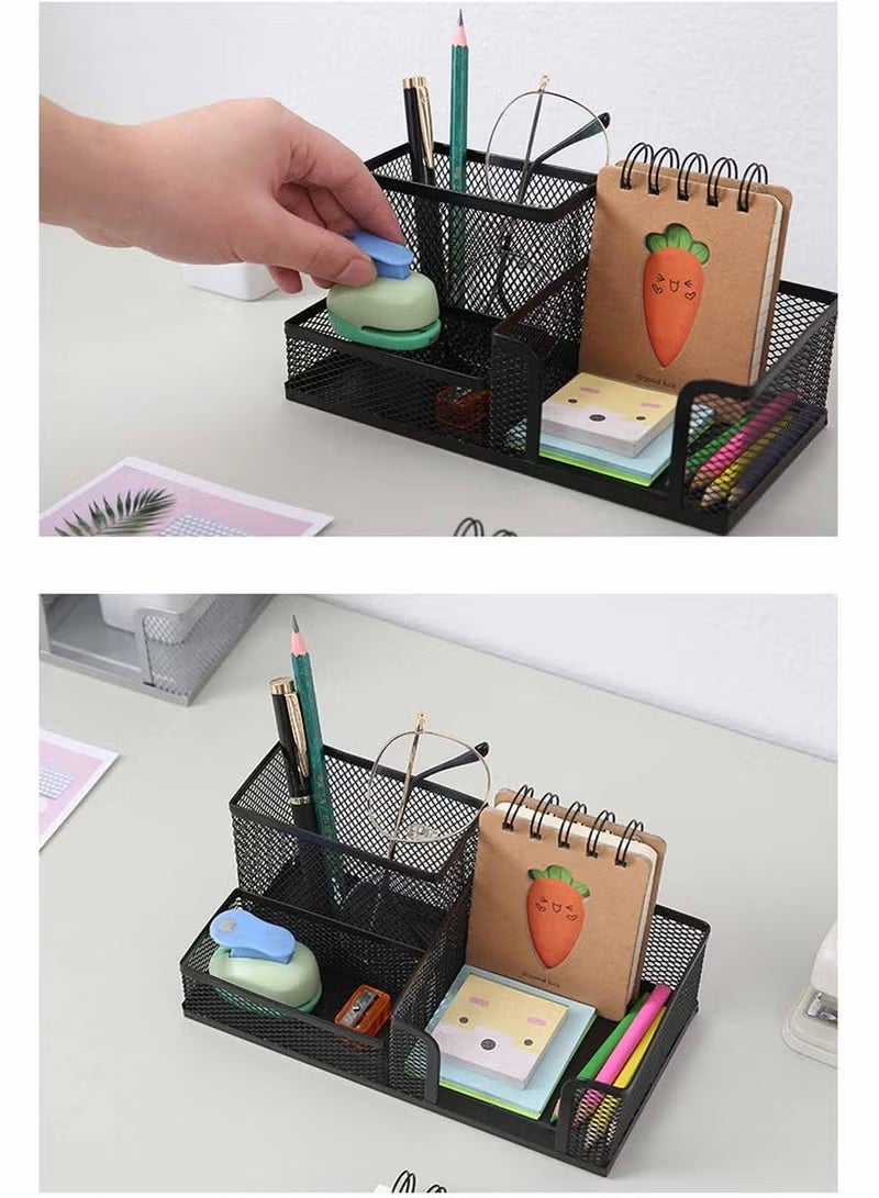 3 Compartment Desk Organizer Mesh Desktop Pen Storage Holders, Black - Image 3