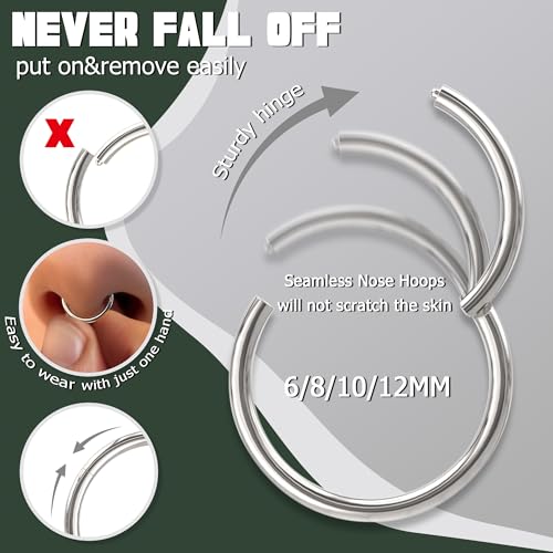 Jstyle حلقة أنف جستايل 8 قطع 18G من الفولاذ المقاوم للصدأ مع قفل محسن للرجال والنساء، حلقات أذن كارتيلج، دايث، تراجوس، حلقات نوم، 6-12 مم مطلية بالفضة - Image 4