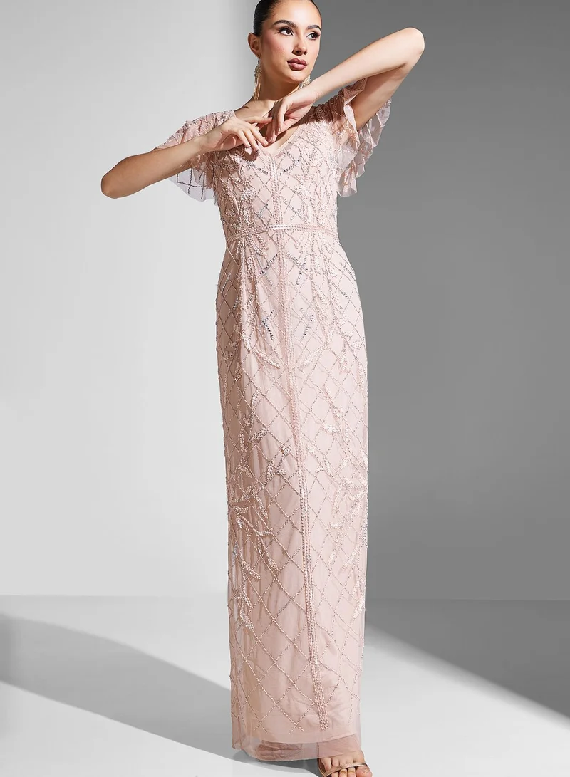 Adrianna Papell V-Neck Floral Embroidered Tiered Dress