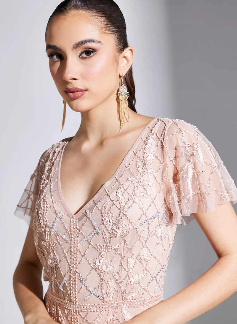 Adrianna Papell V-Neck Floral Embroidered Tiered Dress