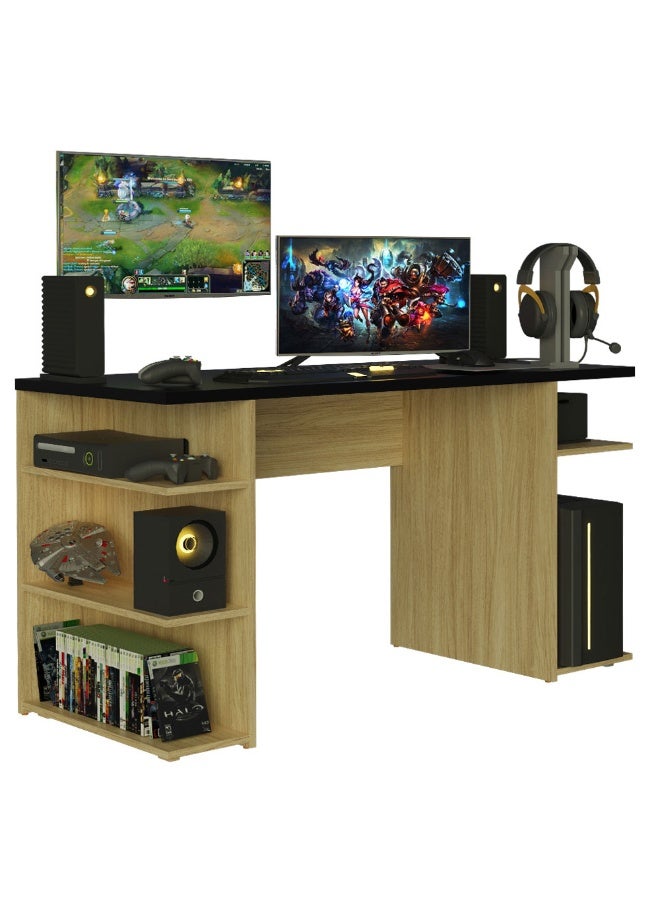 Madesa Gaming Computer Desk and Office Table with 5 Shelves and Cable Management, Wood, 136 W x 75 H x 60 D Cm (Oak) - Image 2